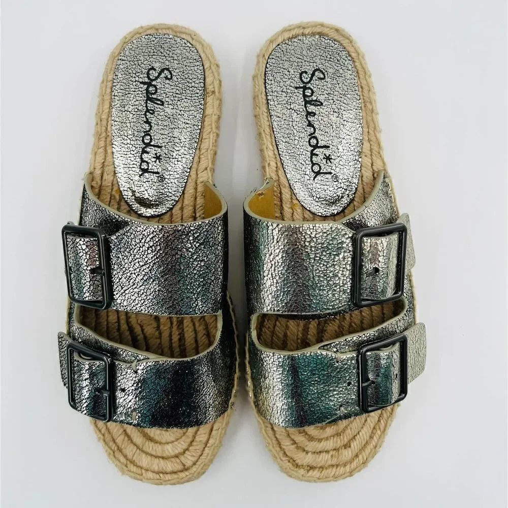 Splendid Blake Buckle Slide Nickel Metallic Crackle Leather Espadrilles  Size 7